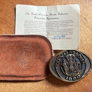 1982 Wyoming Centennial Brass Belt Buckle, Leather Case and Certificate